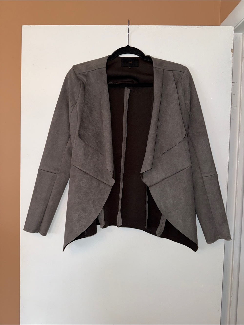 MOB Professional Draped Open-Front Gray Suede Jacket